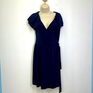 BCBGeneration - Navy Blue Stretch Wrap With Pleat Flutter Shoulders Dress Size M